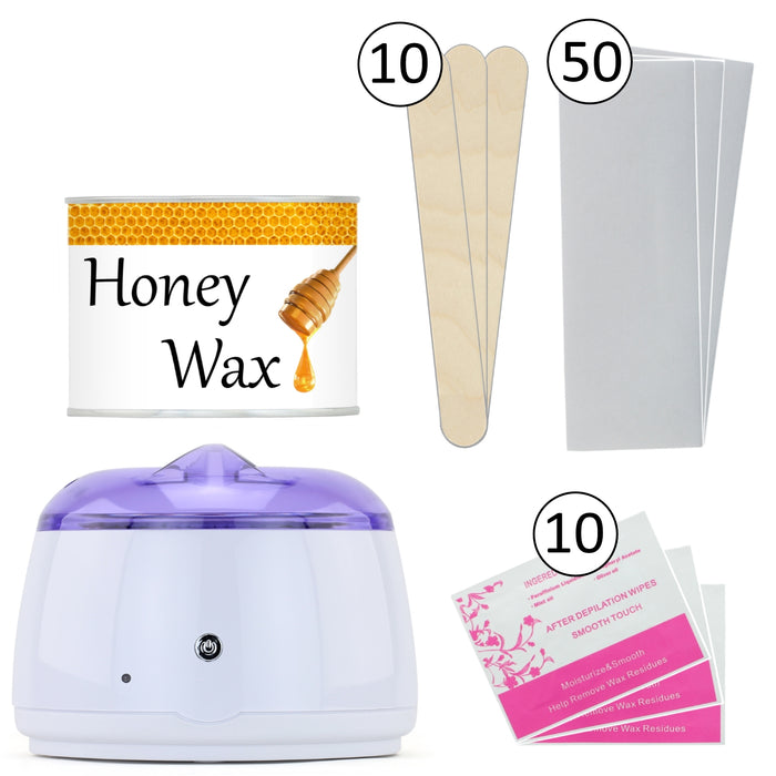 eXuby Wax Warmer Kit for Hair Removal – Includes: 1 Pound Honey Hard Wax, 50 Wax Strips, 10 Wax Sticks, 10 Wax Remover Wipes - Automatic Temperature Control(ATC) -Hard Wax Is Better Than Wax Beans