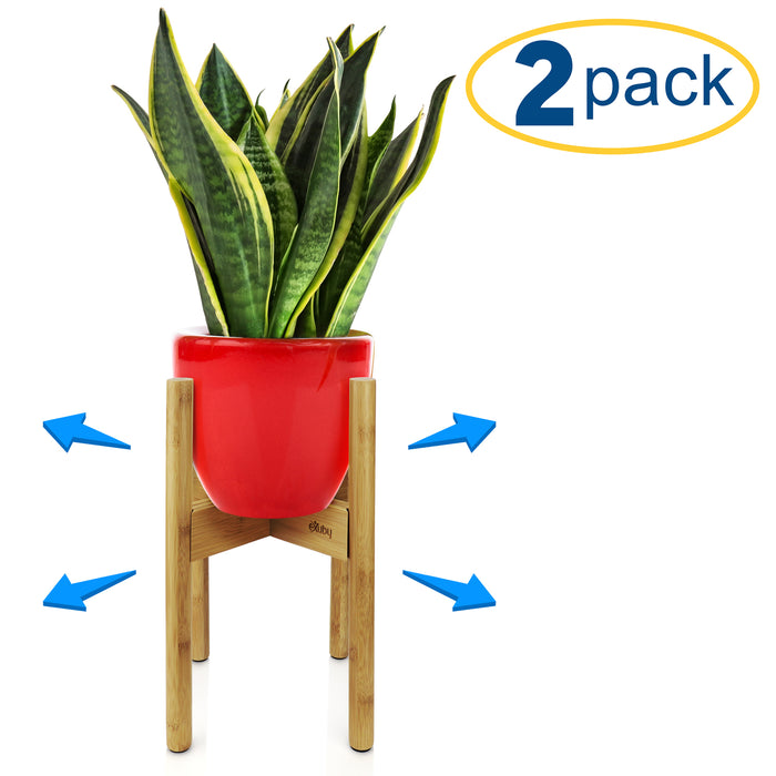 eXuby - 2-Pack Adjustable Wooden Plant Stands Indoor & Outdoor - Bamboo Construction in Mid-Century Design - Fits Pots 8.5" to 11.5" Wide - Adjustable Height - 4 Floor Protectors - Pot Not Included