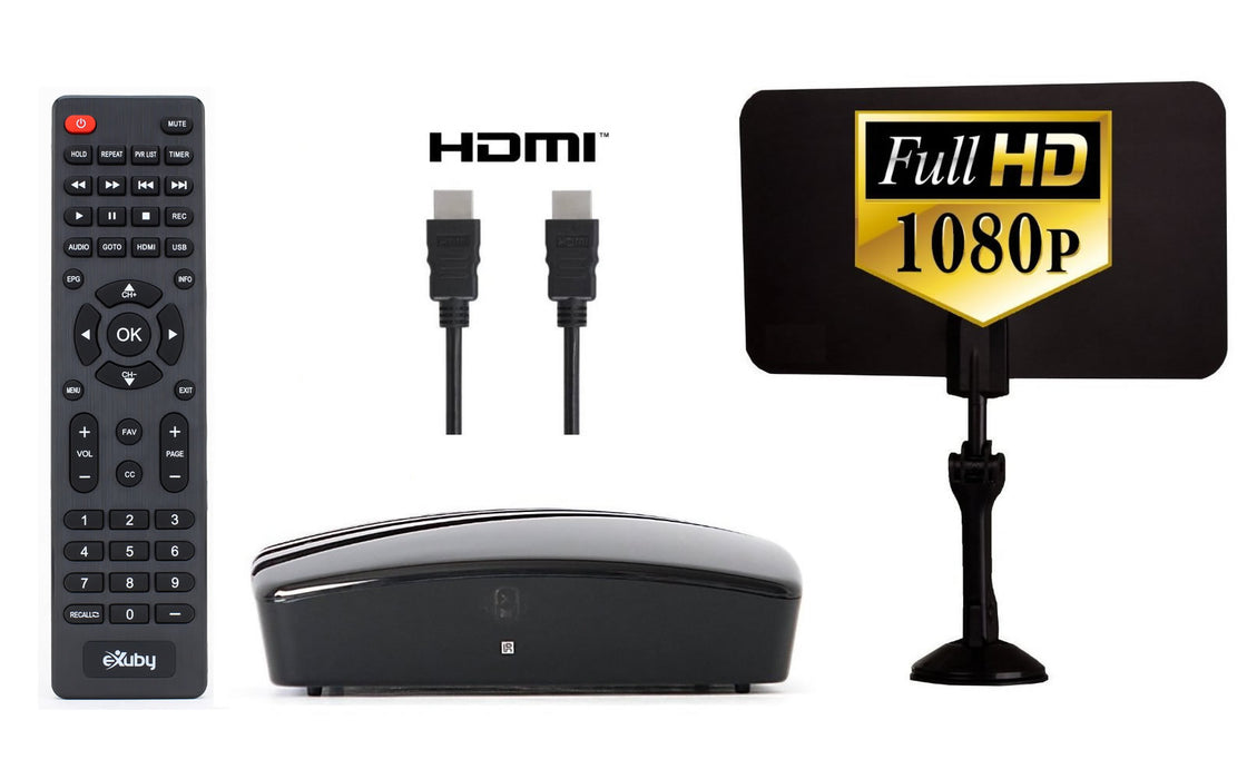 eXuby Digital TV Converter Box 1102+Antenna+HDMI Cable - Get Rid of Cable Bills - View and Record Local HD Digital Channels for Free - Instant or Scheduled Recording, 1080P HDTV, Electronic Program Guide