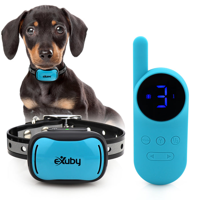eXuby - Tiny Shock Collar for Small Dogs 5-15lbs - Smallest Collar on The Market - Sound, Vibration, Shock - 9 Intensity Levels - Pocket-Size Remote - Long Battery Life - Water-Resistant - Teal & Pink