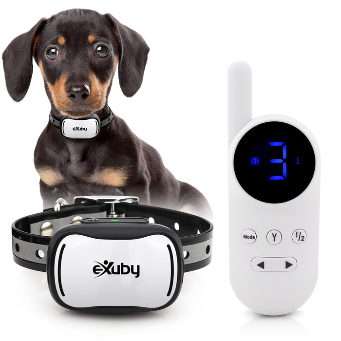 eXuby - Tiny Shock Collar for Small Dogs 5-15lbs - Smallest Collar on The Market - Sound, Vibration, Shock - 9 Intensity Levels - Pocket-Size Remote - Long Battery Life - Water-Resistant - White & Black