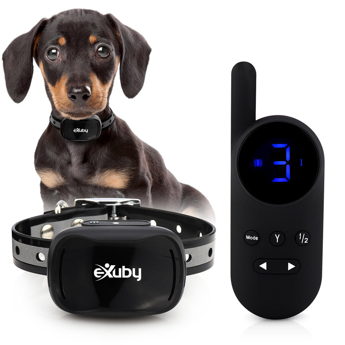 eXuby - Tiny Shock Collar for Small Dogs 5-15lbs - Smallest Collar on The Market - Sound, Vibration, Shock - 9 Intensity Levels - Pocket-Size Remote - Long Battery Life - Water-Resistant - Black & White