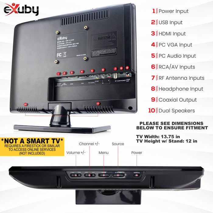 eXuby Small Flat Screen TV - Perfect For Kitchen, 13.3 inch LED, Watch HDTV Anywhere for RV, Office & More– Free HD Local Channels TV - Includes 35mi Range Flat Antenna