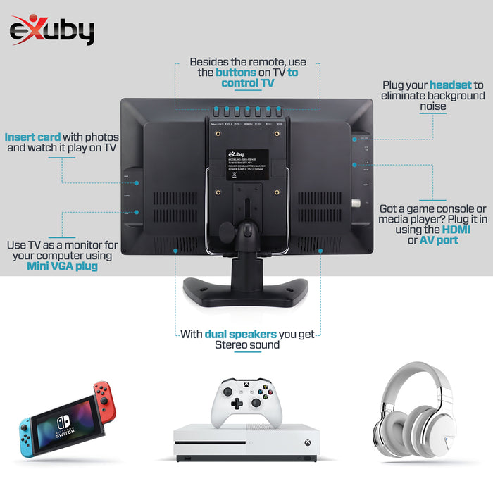 eXuby 14" Small Portable TV for RV, Kitchen, Bedroom - Use TV Stand or Mount to Wall - Includes Built-in Battery & Car Charger, Camping - Digital Tuner gets HD Channels - Roku, Firestick Compatible