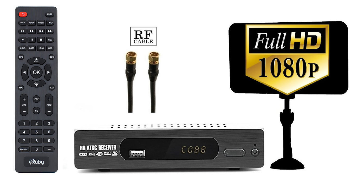 eXuby Digital TV Converter Box 1103+Antenna+RF/Coaxial Cable - Get Rid of Cable Bills - View and Record Local HD Digital Channels for Free - Instant or Scheduled Recording, 1080P HDTV, Electronic Program Guide