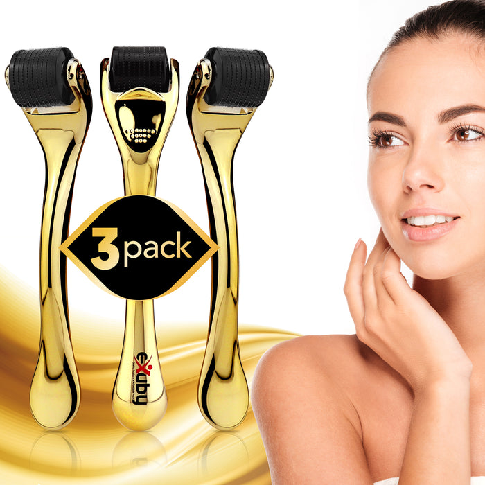 3-Pack Derma Roller with .25mm & 540 Titanium Micro Needles - Shareable Family Pack - Sleek Gold Color - Safe & Painless - Microneedling at Home - Built to Perform & Last