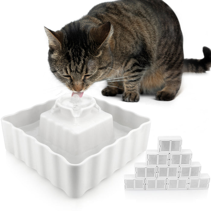 eXuby Ceramic Cat Water Fountain - Includes 10 Ultra Fine Filters - Keeps Cats Safe From Toxic Plastic - 2 Quiet, Auto Shutoff Pumps - 2.1-Liter Bowl - 360° Drinking Area - Triple Filtration System