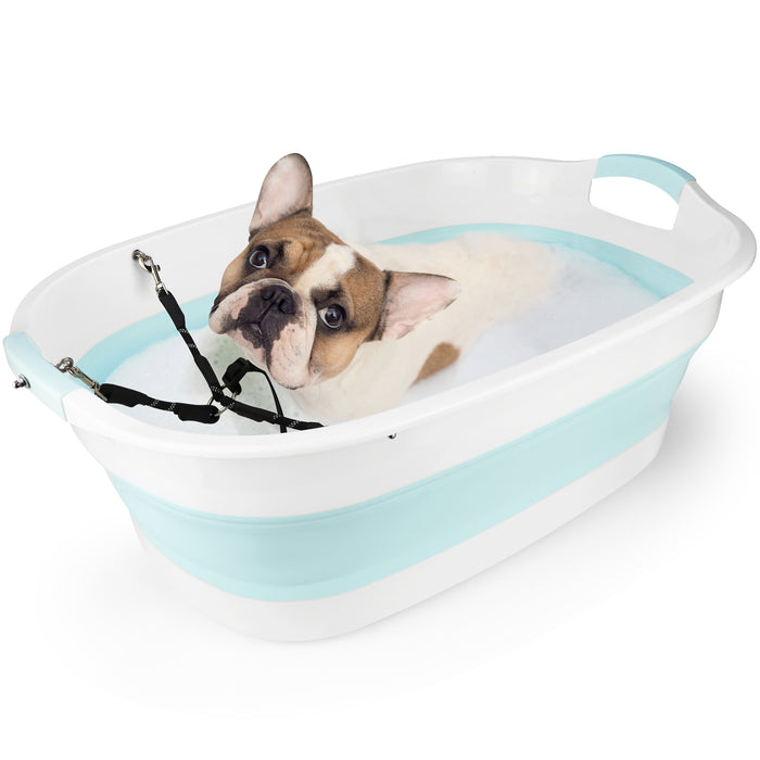 eXuby Refreshing Portable Puppy Bathtub with Adjustable Harness - Fits Small Dogs Up to 20lbs - Collapsible for Easy Baths and Easy Storage - Drains Quickly - 2 Comfortable Carry Handles