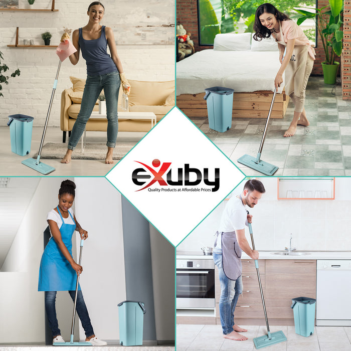 eXuby Flat Mop and Bucket w/ 10 Washable Microfiber Mop Heads - 360° Cleaning Range - Includes Two 5-Liter Containers w/Separate Drain Plugs - Perfect for All Floor Types - Three-Stroke Dryer