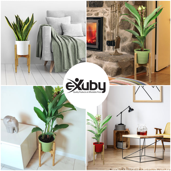 eXuby - 2-Pack Adjustable Wooden Plant Stands Indoor & Outdoor - Bamboo Construction in Mid-Century Design - Fits Pots 8.5" to 11.5" Wide - Adjustable Height - 4 Floor Protectors - Pot Not Included