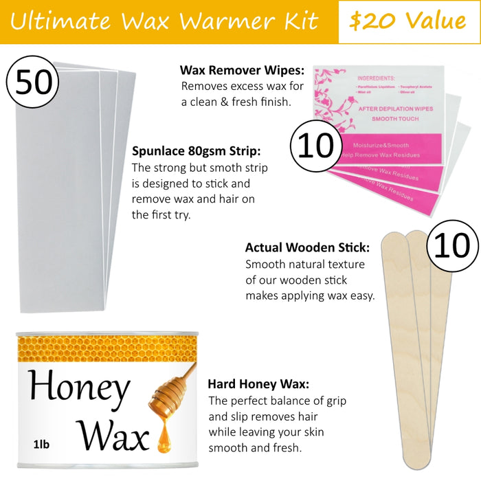 eXuby Wax Warmer Kit for Hair Removal – Includes: 1 Pound Honey Hard Wax, 50 Wax Strips, 10 Wax Sticks, 10 Wax Remover Wipes - Automatic Temperature Control(ATC) -Hard Wax Is Better Than Wax Beans