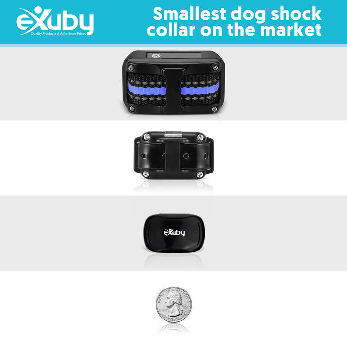 eXuby - Tiny Shock Collar for Small Dogs 5-15lbs - Smallest Collar on The Market - Sound, Vibration, Shock - 9 Intensity Levels - Pocket-Size Remote - Long Battery Life - Water-Resistant - Black & White
