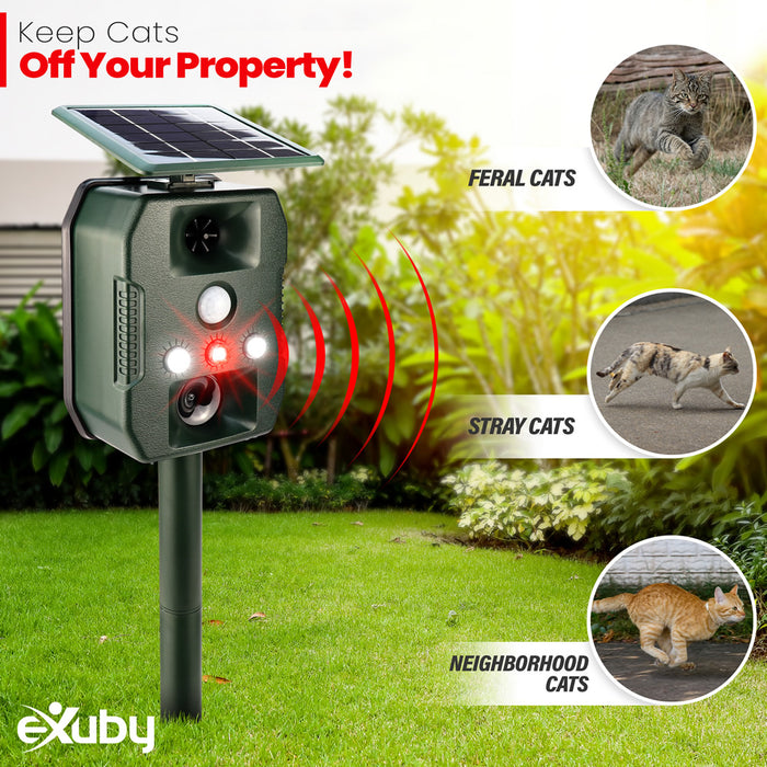 eXuby Keep-Off Ultrasonic Cat Repellent with Strobe Light Keeps Cats Out of Your Yard, Garden, Flower Bed - Water-resistant - Solar & Battery Powered - Ultra Wide 110° IR Sensor - Triggers Up to 30ft Away