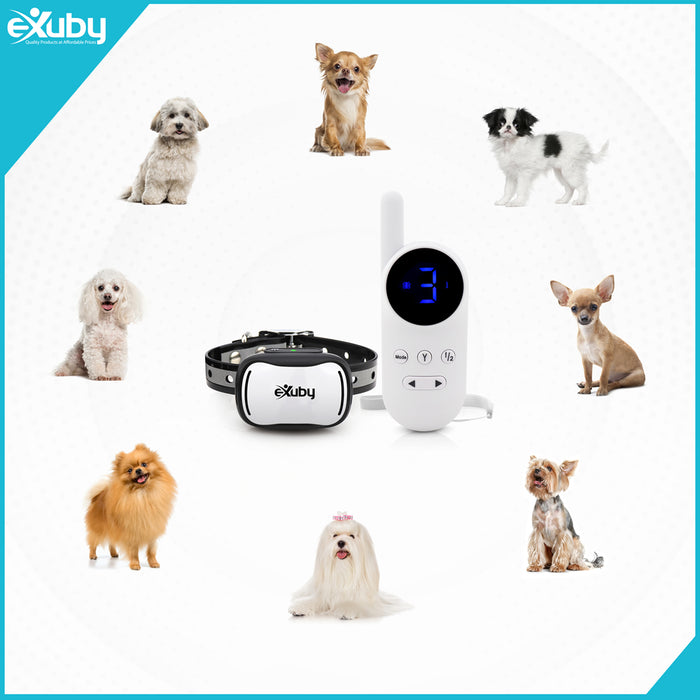 eXuby - Tiny Shock Collar for Small Dogs 5-15lbs - Smallest Collar on The Market - Sound, Vibration, Shock - 9 Intensity Levels - Pocket-Size Remote - Long Battery Life - Water-Resistant - White & Black