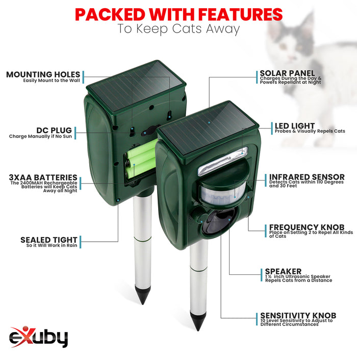 eXuby Outdoor Cat Repellent - 110 Degree Sensor Detects & Repels in Wide Spaces - Ultrasonic Sound Cats Hear Not Human - Solar Powered; Charges During Day & Works All Night - Dual Method; Light & Sound