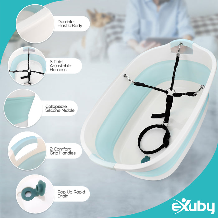 eXuby Refreshing Portable Puppy Bathtub with Adjustable Harness - Fits Small Dogs Up to 20lbs - Collapsible for Easy Baths and Easy Storage - Drains Quickly - 2 Comfortable Carry Handles