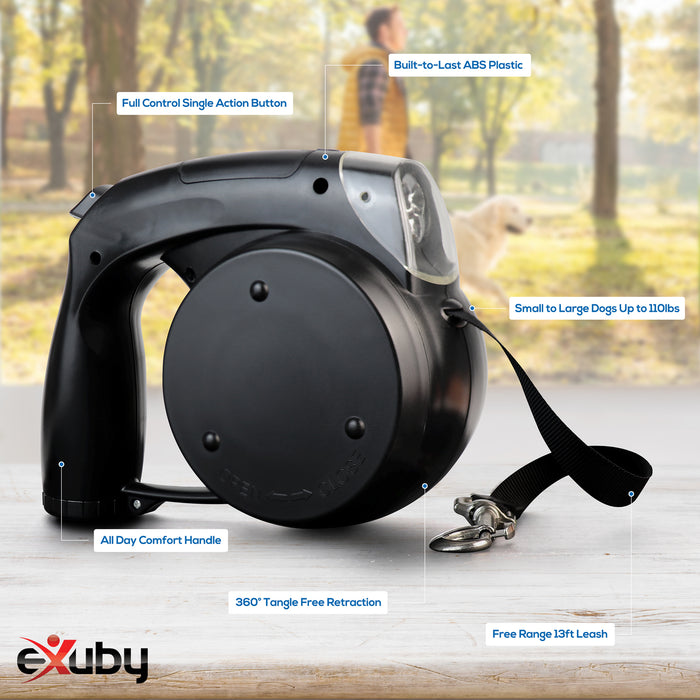 eXuby 5-in-1 Retractable Dog Leash with Built-in Collapsible Water Bowl, Flashlight, Dog Poop Bag Holder Dispenser, Dog Treat Holder for Small to Large Dogs, 13 Ft Long w/ Strong Tangle Free Leash