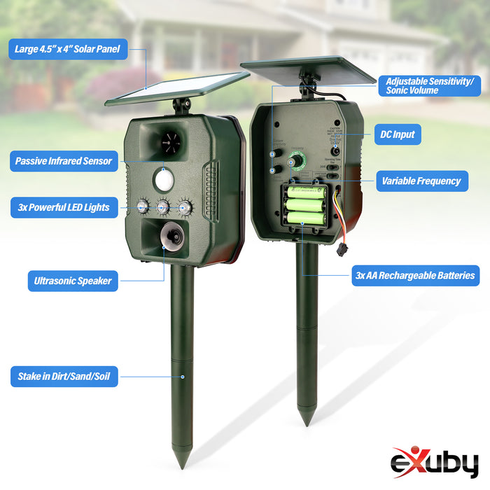 eXuby Keep-Off Ultrasonic Cat Repellent with Strobe Light Keeps Cats Out of Your Yard, Garden, Flower Bed - Water-resistant - Solar & Battery Powered - Ultra Wide 110° IR Sensor - Triggers Up to 30ft Away
