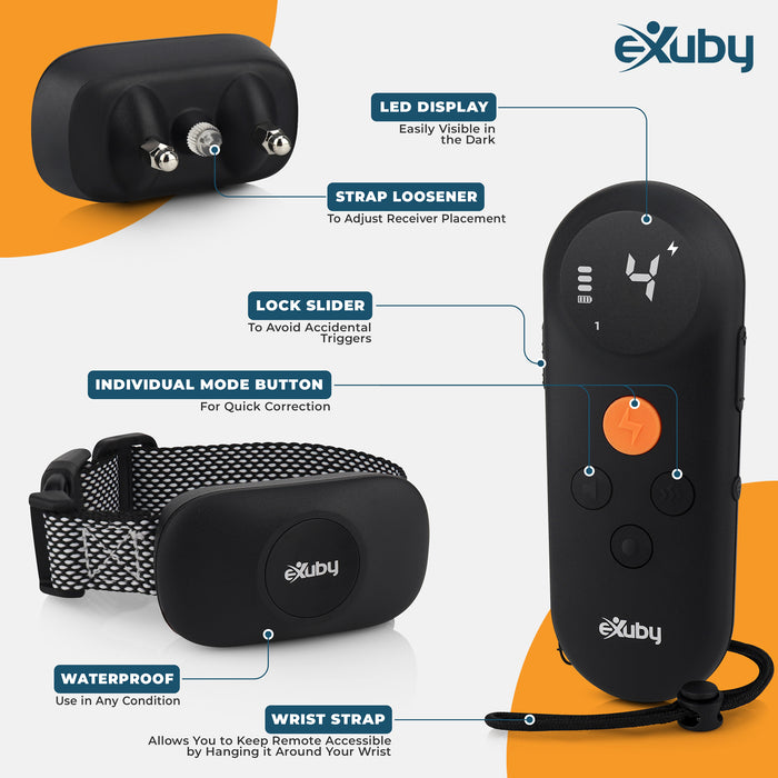 eXuby Shock Collar for Large Dogs (40 to 120lbs) - Extra Wide 2.9 Inch Receiver Comfortably Fits on Large Dog’s Neck - Waterproof - Sound, Vibration & Shock - 16 Intensity Levels - Long Battery Life
