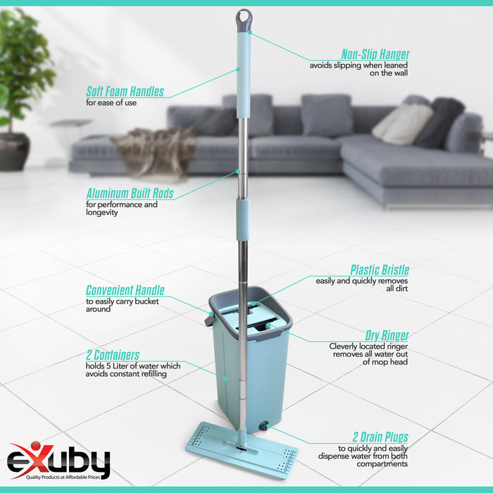 eXuby Flat Mop and Bucket w/ 10 Washable Microfiber Mop Heads - 360° Cleaning Range - Includes Two 5-Liter Containers w/Separate Drain Plugs - Perfect for All Floor Types - Three-Stroke Dryer