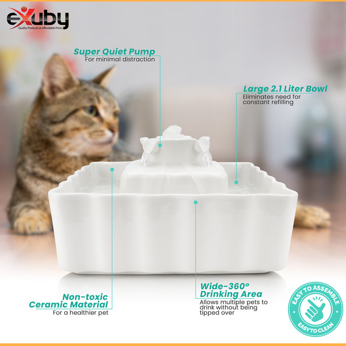eXuby Ceramic Cat Water Fountain - Includes 10 Ultra Fine Filters - Keeps Cats Safe From Toxic Plastic - 2 Quiet, Auto Shutoff Pumps - 2.1-Liter Bowl - 360° Drinking Area - Triple Filtration System