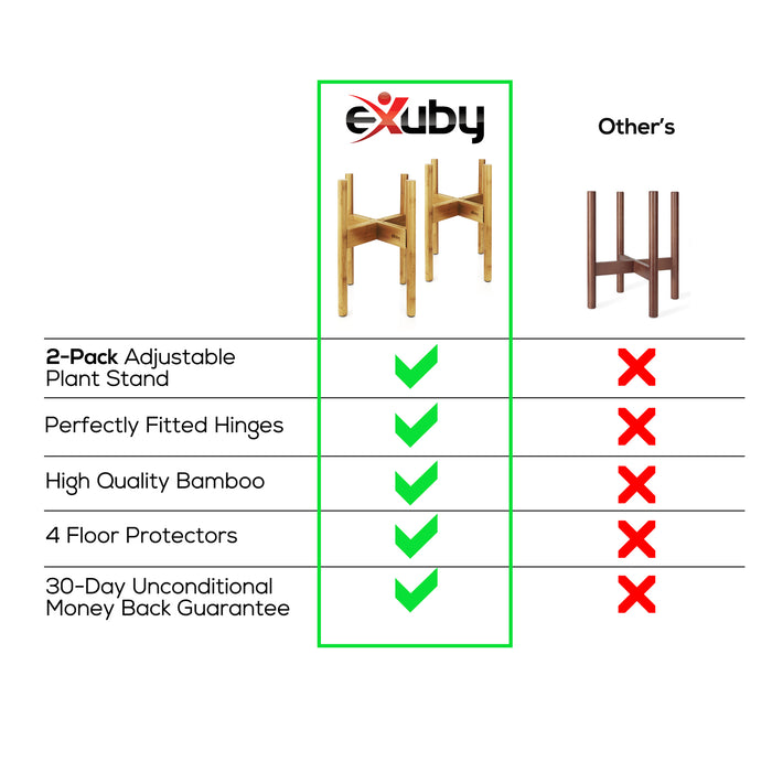 eXuby - 2-Pack Adjustable Wooden Plant Stands Indoor & Outdoor - Bamboo Construction in Mid-Century Design - Fits Pots 8.5" to 11.5" Wide - Adjustable Height - 4 Floor Protectors - Pot Not Included