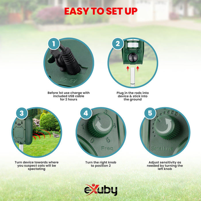 eXuby Outdoor Cat Repellent - 110 Degree Sensor Detects & Repels in Wide Spaces - Ultrasonic Sound Cats Hear Not Human - Solar Powered; Charges During Day & Works All Night - Dual Method; Light & Sound
