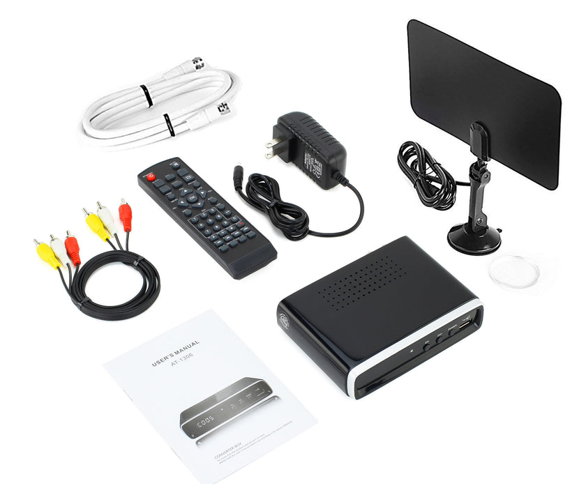 eXuby Digital TV Converter Box 1306+Antenna+RF/Coaxial Cable - Get Rid of Cable Bills - View and Record Local HD Digital Channels for Free - Instant or Scheduled Recording, 1080P HDTV, Electronic Program Guide