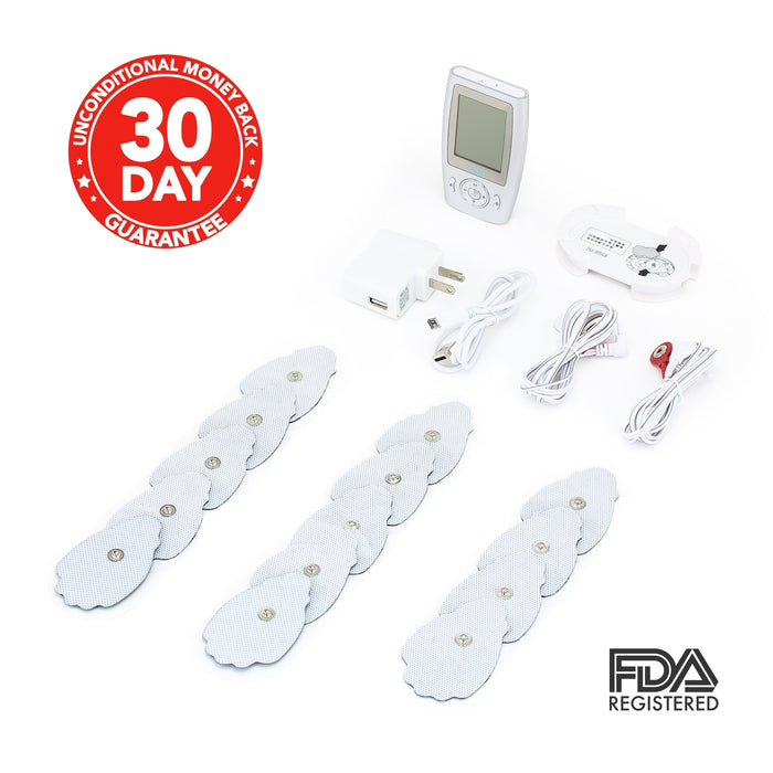 eXuby TENS Unit Machine with 30 Palm Pads - Relieve Pain Quickly - 16 Unique Modes for Different Muscles - As Powerful as Physical Therapist Devices - Portable - Rechargeable - FDA Registered