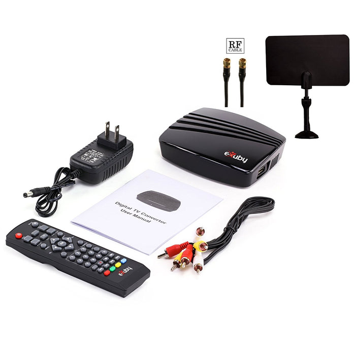 eXuby Digital TV Converter Box 1102+Antenna+RF/Coaxial Cable - Get Rid of Cable Bills - View and Record Local HD Digital Channels for Free - Instant or Scheduled Recording, 1080P HDTV, Electronic Program Guide